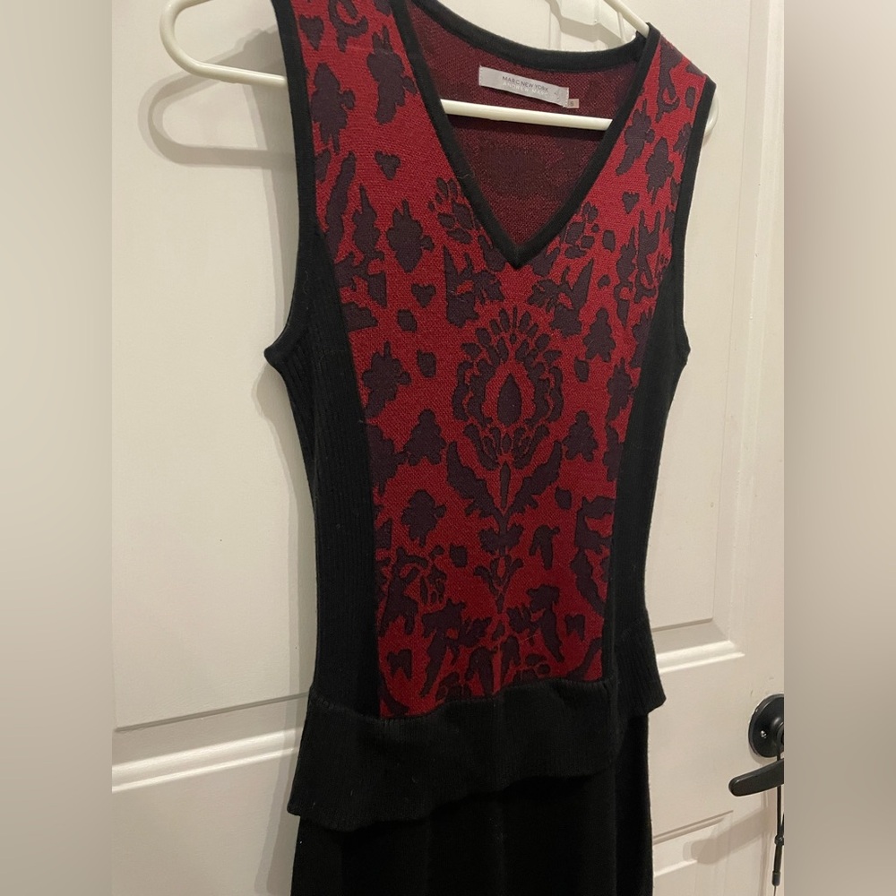 Andrew Marc Red and Black V-Neck Sheath Midi Dress